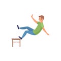 Man falling from wooden stool, home fall accident of unhappy guy