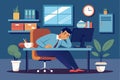 Man falls asleep at office desk during work hours in a bright and organized workspace with plants and a clock Royalty Free Stock Photo
