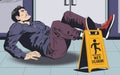 Man falls on wet floor. Warning sign. Stock illustration