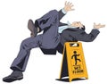 Man falls on wet floor. Warning sign. Stock illustration