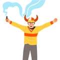 Man Fan Character in Horn Hat with Smoke Flare Cheering for Sport Team Vector Illustration