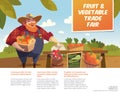 Man farmer with bucket of fruits. Vegetable stall. Fruits and vegetables trade fair flyer. Agriculture exhibition flyer. Vector. M