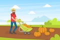 Man Farmer Collecting Pumpkins, Agricultural Worker Standing on Background of Field with Wheelbarrow Vector Illustration Royalty Free Stock Photo