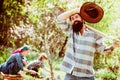 Man farmer. Happy family in vegetable garden. Earth concept. Rural family scene. Happy family walking in farm. Life for