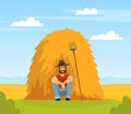 Man farmer in hat sitting leaning against haystack Vector with pitchfork cartoon vector