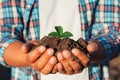 Man farmer holding young plant in hands against spring background. Earth day Ecology concept. Close up selective focus on Person h Royalty Free Stock Photo