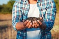 Man farmer holding young plant in hands against spring background. Earth day Ecology concept. Close up selective focus on Person h Royalty Free Stock Photo