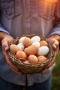 A man farmer holds eggs in his hands. Generative AI,