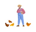 Man farmer in overalls and straw hat feeding chickens. Cheerful agricultural worker holding basket of grain feeding hens. Poultry