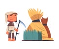 Man Farmer and Peasant Standing with Scythe Near Hay Stack as Character from Middle Ages Vector Illustration Royalty Free Stock Photo