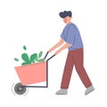 Man Farmer Pushing Wheelbarrow, Male Agricultural Worker Gardener Character Working on Farm, Eco Farming Concept Cartoon