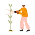 Man farmer sitting and cutting plant vector illustration