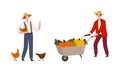 Man Farmer in Straw Hat Gathering Eggs and Pushing Wheelbarrow with Crops Vector Illustration Set Royalty Free Stock Photo