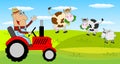 The man is a farmer on a tractor and cows on the meadow Royalty Free Stock Photo