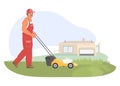 Man farmer worker mowing grass with lawn mower vector illustration