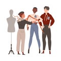 Man Fashion Designer or Tailor Taking Measurements of Woman Model for Clothing Garment Vector Illustration