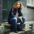 Man, fashion and portrait or leather jacket rebel or trendy style, clothes or denim jeans. Male person, model and face Royalty Free Stock Photo