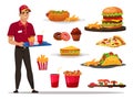 Man fast food worker with tray and junk meal set