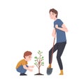 Man Father and His Kid Planting Tree Sapling with Shovel Vector Illustration Royalty Free Stock Photo