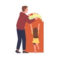 Man Father Laying Bricks Building Wall Protecting Daughter from External World as Problematic Communication and