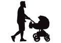 Man father walking with baby carriage silhouette, vector Royalty Free Stock Photo