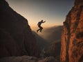 Man Leaping From Cliff Into the Air Over Abyss. Generative AI. Royalty Free Stock Photo