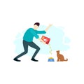 Man is feeding food a pet cat animal people character flat design vector