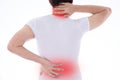 A man feeling exhausted and suffering from neck and back pain and injury on isolated white background with red spot. Health care Royalty Free Stock Photo