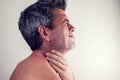 Man feels throat pain. People, healthcare and medicine concept