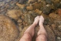 Man with feet in a clear mountain stream