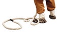 Man feet in national Russian leather shoes postol with rope, isolated on a white background