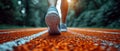 man feet running on road closeup on shoe. Young fitness women runner legs ready for run on the road. Sports healthy lifestyle