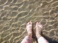 A man feet standing on a sandy beach