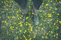 Man Feet trekking boots walking on grass