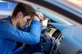 Tired man sleeps in car Royalty Free Stock Photo