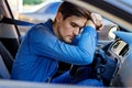 Tired man sleeps in car Royalty Free Stock Photo