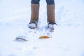 A man in felt boots on homemade skis walks through the snow into forest. Hiking, traveling, hunting, fishing. Royalty Free Stock Photo