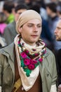 A man in female clothes attending the demonstration on Prague Wenceslas square against the current government