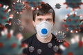Man with FFP3 respirator face mask. Many viruses around.