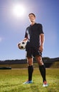 Man, field and training with soccer ball for workout or practice for game with fitness and tournament in Belgium. Male Royalty Free Stock Photo