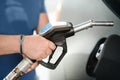 Man filling gasoline fuel in car. Hand refuelling the car, pumping gasoline in automobile at petrol station. Close-up of male hand Royalty Free Stock Photo