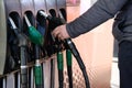 Man fills up his car with a gasoline at gas station. Petrol station pump. To fill car with fuel. Gasoline and oil products