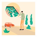 A man finding car in mobile app illustration concept, and Wrong Location tracking, illustration graphic art design format, booking