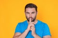 Man with finger on lips. Silence gesture. The Shh. Portrait of man showing silence sign isolated on yellow background Royalty Free Stock Photo
