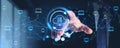 Man finger touch cloud service hologram and files transfer, synchronization sign