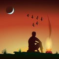 Man by the fire in the evening, at sunset, under the moon, birds flying wedge