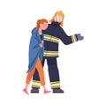 Man Firefighter Character Warning Woman About Emergency or Danger Vector Illustration