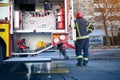 Man firefighter standing near fire engine..First Responders Ã¢â¬â firefighters