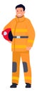 Man in firefighter uniform holding yellow helmet. Fireman icon