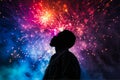Man in firework display festival, close up silhouette light, generative AI